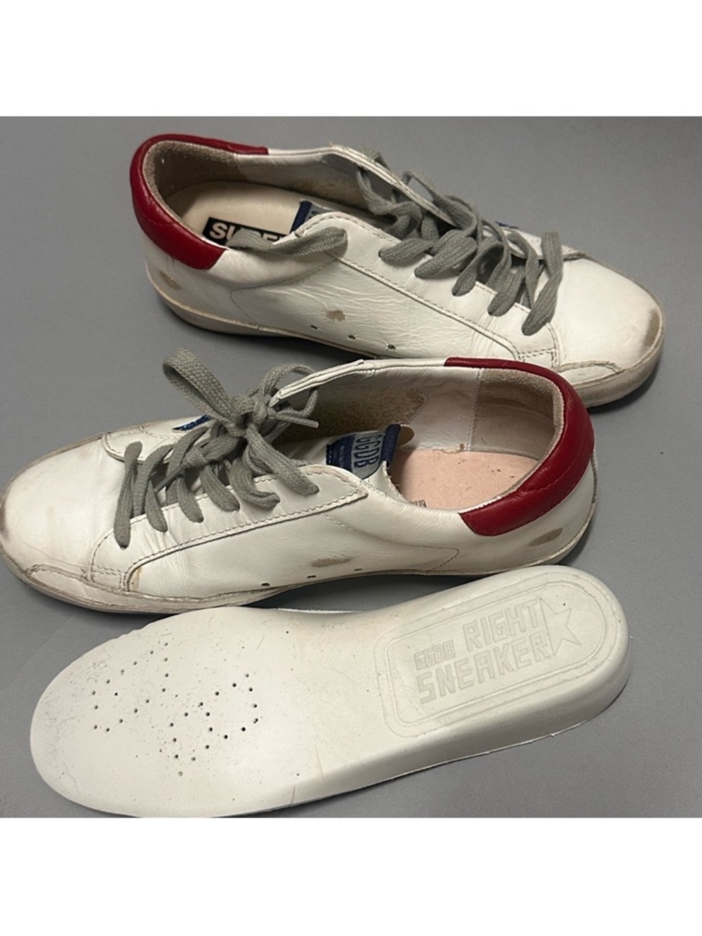 Golden Goose Style White Leather Sneakers with Blue Glitter Star & Red Heel - Picture 10 of 11